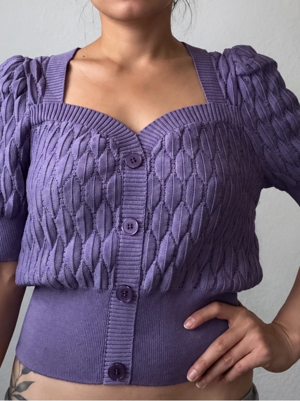 Express Purple Cable-Knit Square Neck Button-Front Cardigan - Picture 2 of 4